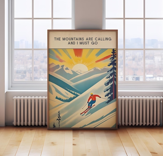 Vintage Skiing poster, skiing print, The mountains are calling, skiing wall art, ski poster, ski print, mountains print