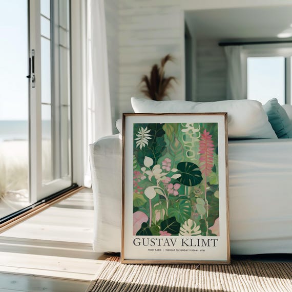 Gustav Klimt Print, pink floral print, Klimt Museum exhibition Poster, tropical green botanicals