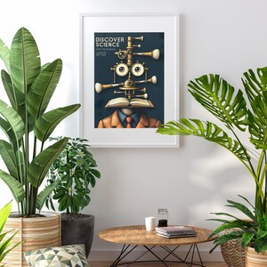 May include: A framed poster with the text "DISCOVER SCIENCE" and an illustration of a person with scientific instruments for a head. The artwork features a dark blue background and a person wearing a suit and tie. The poster is displayed in a white frame.