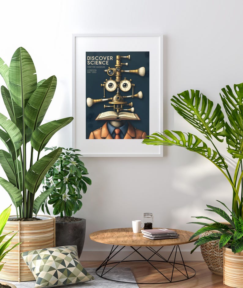 May include: A framed poster with the text "DISCOVER SCIENCE" and an illustration of a person with scientific instruments for a head. The artwork features a dark blue background and a person wearing a suit and tie. The poster is displayed in a white frame.
