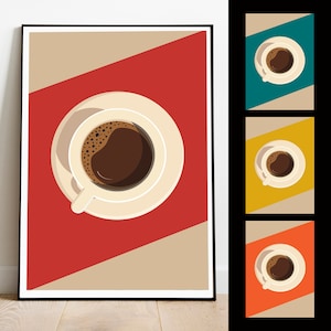 Pu&ograve; includere: Una stampa incorniciata di una tazza di caff&egrave; su sfondo rosso e beige. La tazza di caff&egrave; &egrave; bianca con un bordo marrone e piena di caff&egrave; marrone scuro.