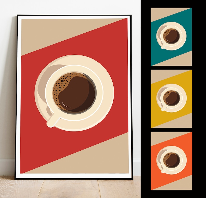 Pu&ograve; includere: Una stampa incorniciata di una tazza di caff&egrave; su sfondo rosso e beige. La tazza di caff&egrave; &egrave; bianca con un bordo marrone e piena di caff&egrave; marrone scuro.