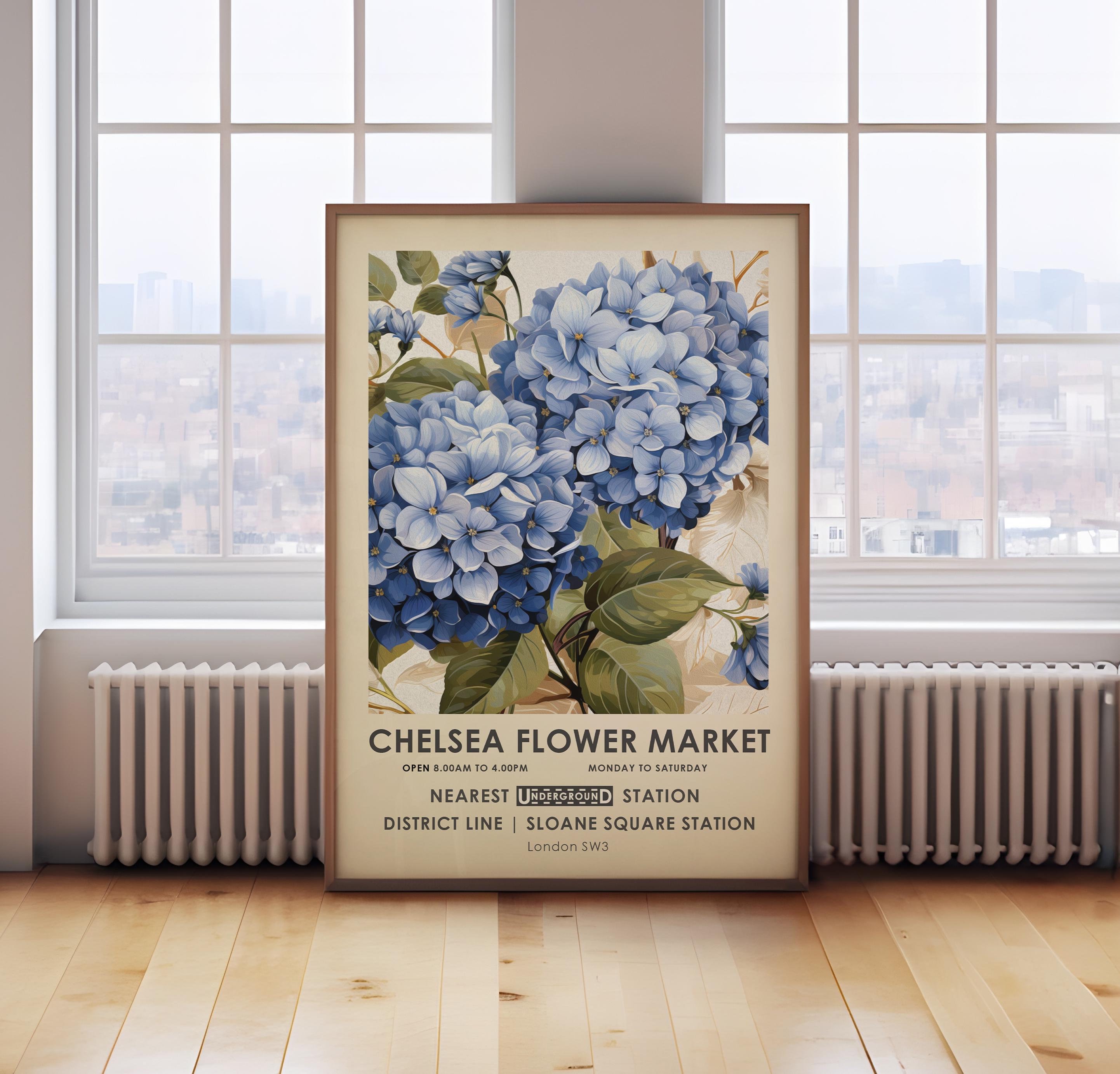 Chelsea Flower market print, William Morris floral print, vintage blue botanical wall art, vintage hydrangea painting, London flower poster,