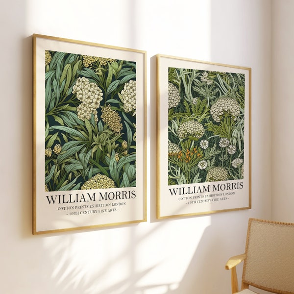 Set of two William Morris floral prints, Vintage botanical wall art, flower print set, exhibition print, textiles art, museum print