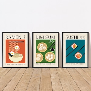 food poster set of 3, Ramen, Dim Sum, Sushi, retro kitchen print set, retro food prints, kitchen decor, Japanese food, Chinese food,