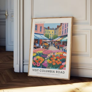 Puede incluir: Una ilustraci&oacute;n colorida de un mercado callejero con flores vibrantes en macetas. El texto dice "Visita Columbia Road" y "Mercado de flores vibrante todos los domingos".