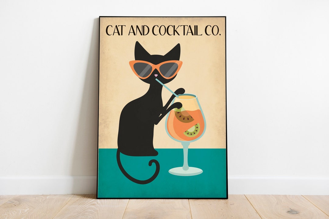 Mid Century Cocktail Print, Retro Black Cat Print, Cat Wall Art ...