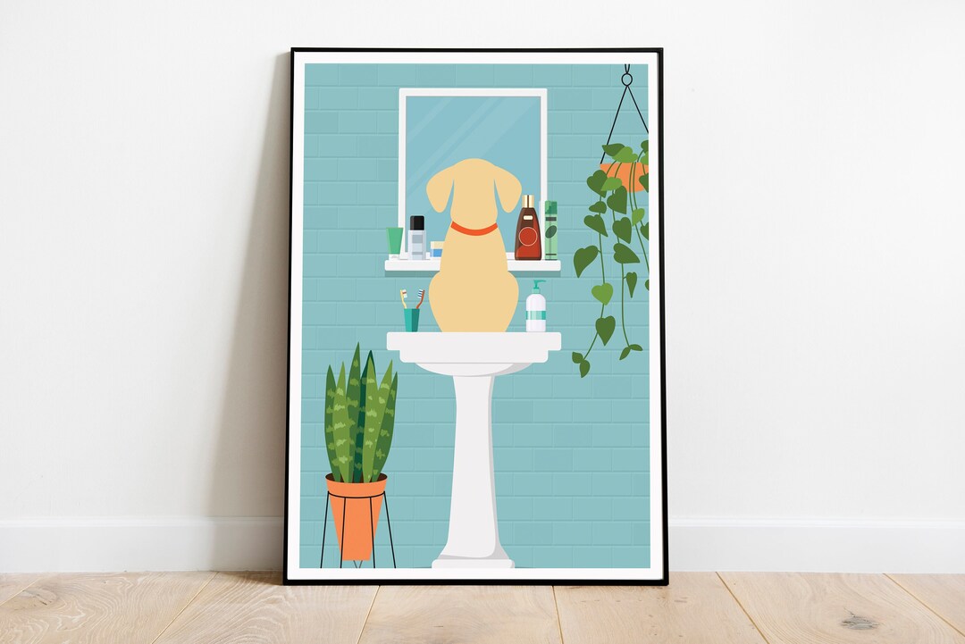 Dog in the Bathroom Print, Dog Print, Retro Bathroom Print, Funny ...