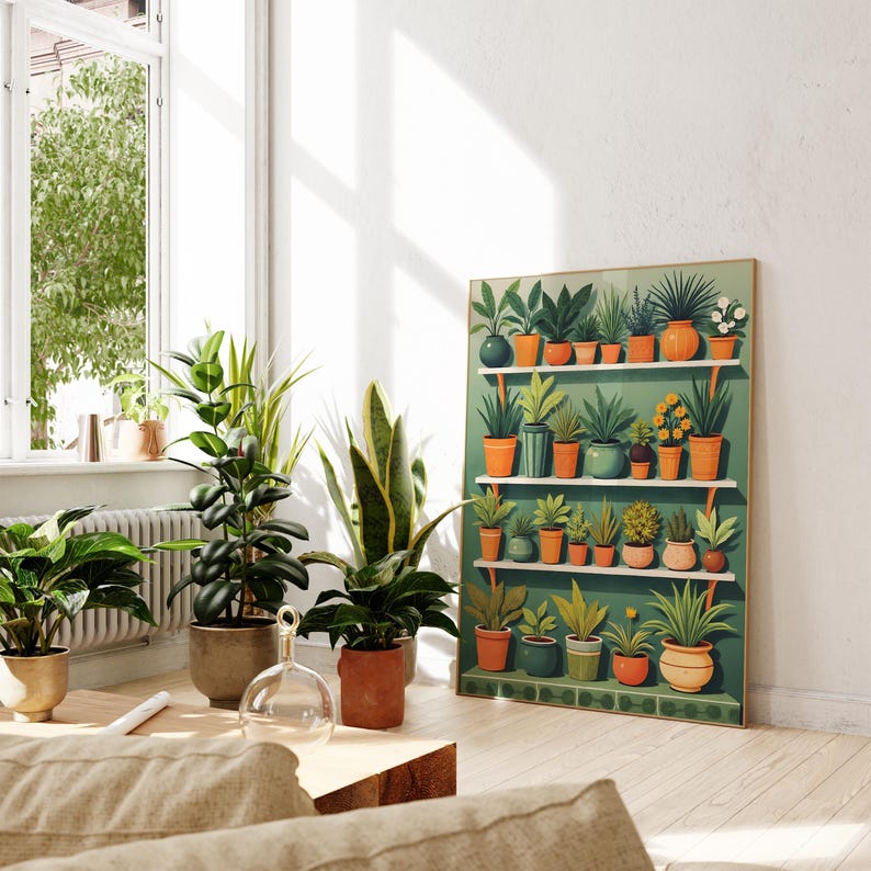 urban garden print, Plants in pots print, pot plants poster, lush green print, botanical wall art, plant lover gift, outdoor plants image 3