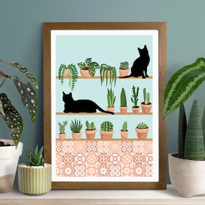 cat and plants, cactus print, boho botanical print, cat print, plant lover gift, cat lover gift, succulents, boho wall art, plant pot