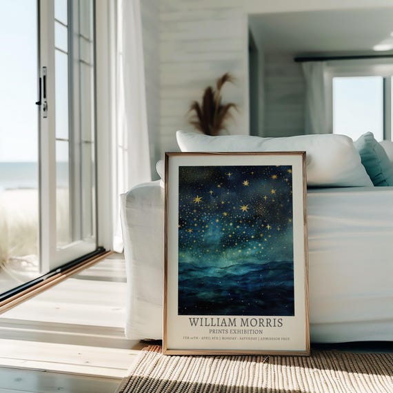 William Morris print, moon and stars painting, vintage celestial blue and gold sky at night print, moon and clouds, sky at night print,