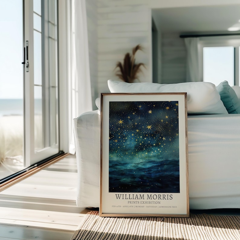 William Morris print, moon and stars painting, vintage celestial blue and gold sky at night print, moon and clouds, sky at night print, image 1