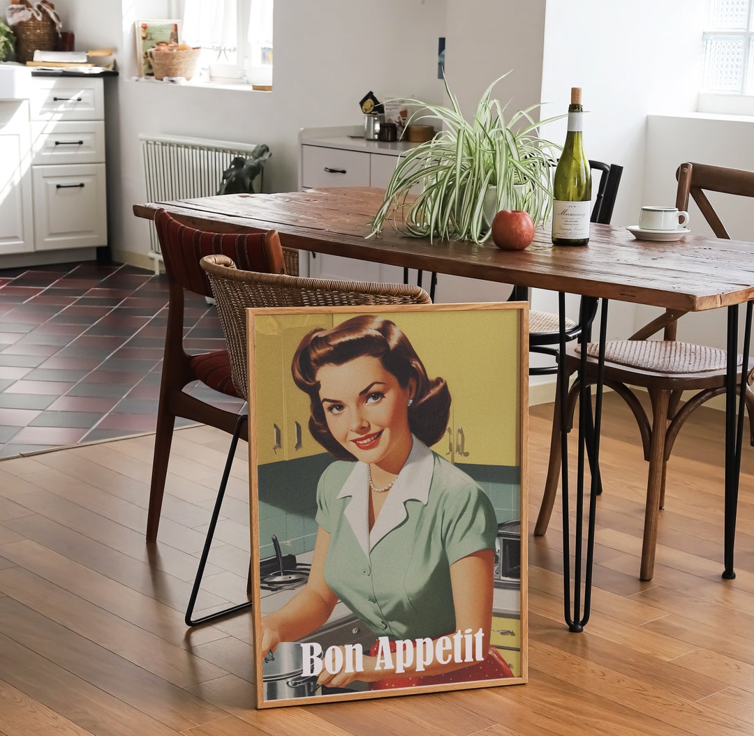 set of 2 bon appetit prints, retro cooking prints,... Bon Appetit Print, Retro Food Art, 1950's Woman Wall Art, Kitchen Decor ...