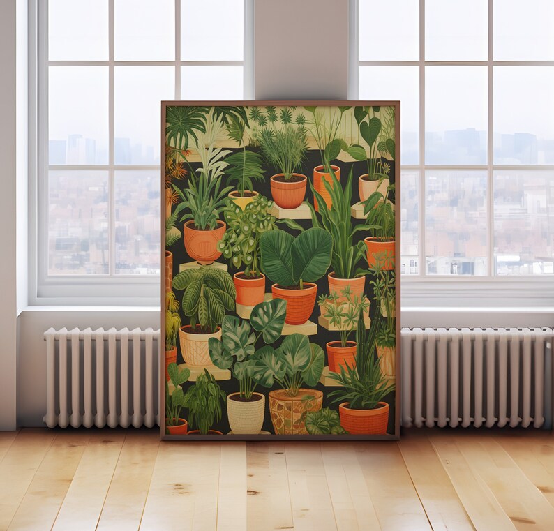 May include: A framed print featuring a colorful illustration of various potted plants in a variety of shapes and sizes. The plants are arranged in a grid pattern and are set against a dark background.