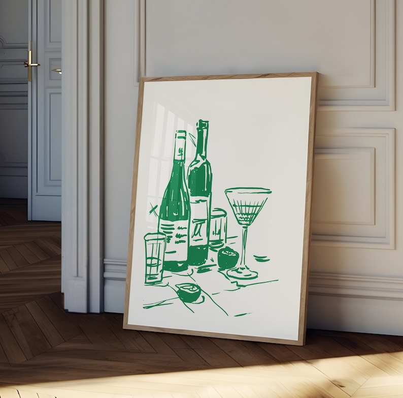 Wine and dine Poster, hand drawn Wine Print, blue kitchen decor, bar cart print, wine wall art, Retro Food Art, Kitchen print bild 2