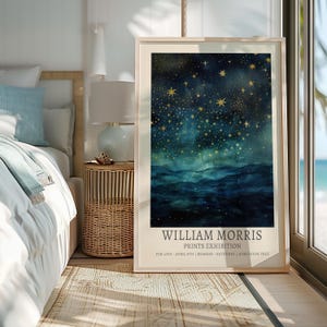 William Morris print, moon and stars painting, vintage celestial blue and gold sky at night print, moon and clouds, sky at night print, image 2