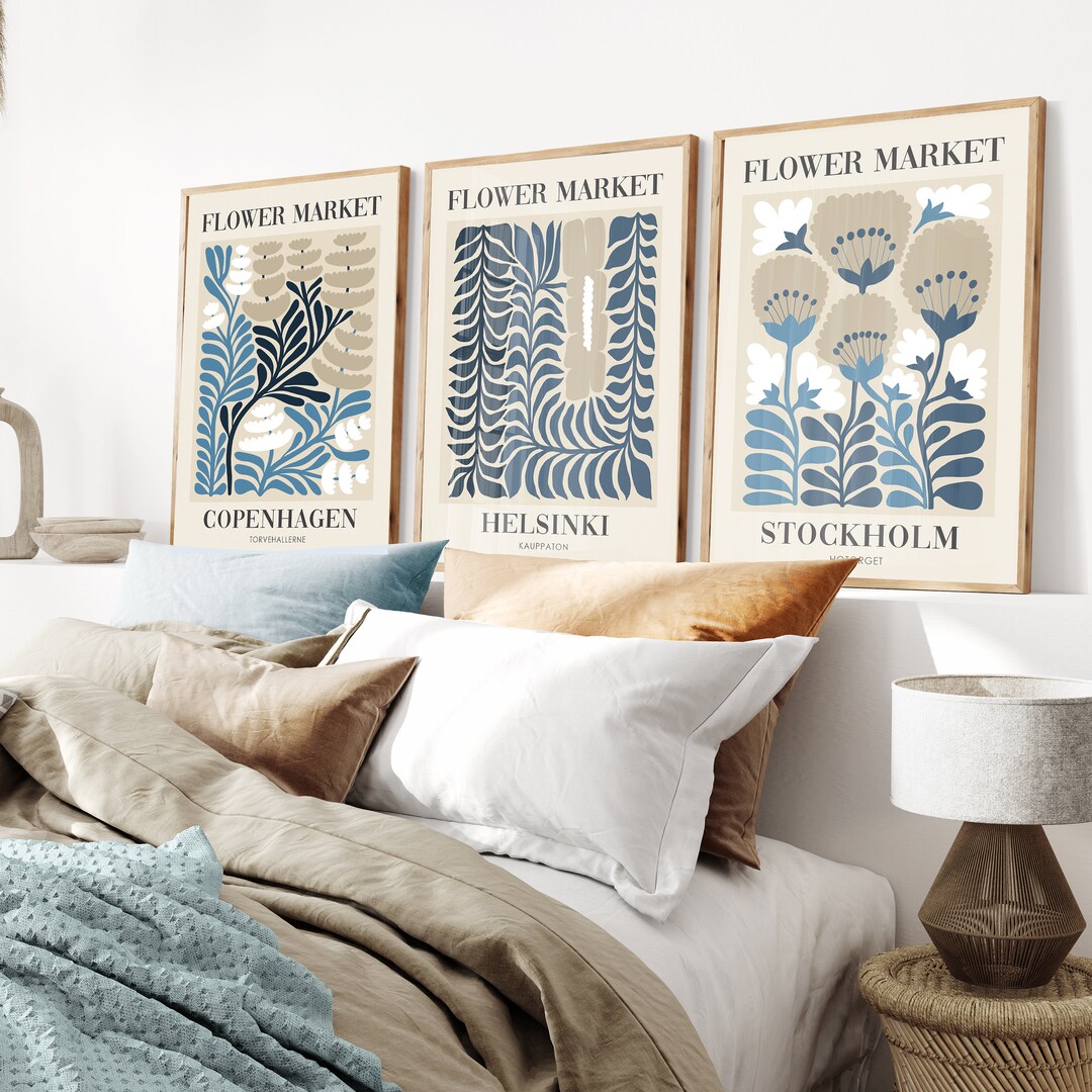 Blue Flower Market Prints, Set of 3 Botanical Wall Art, Abstract Floral ...