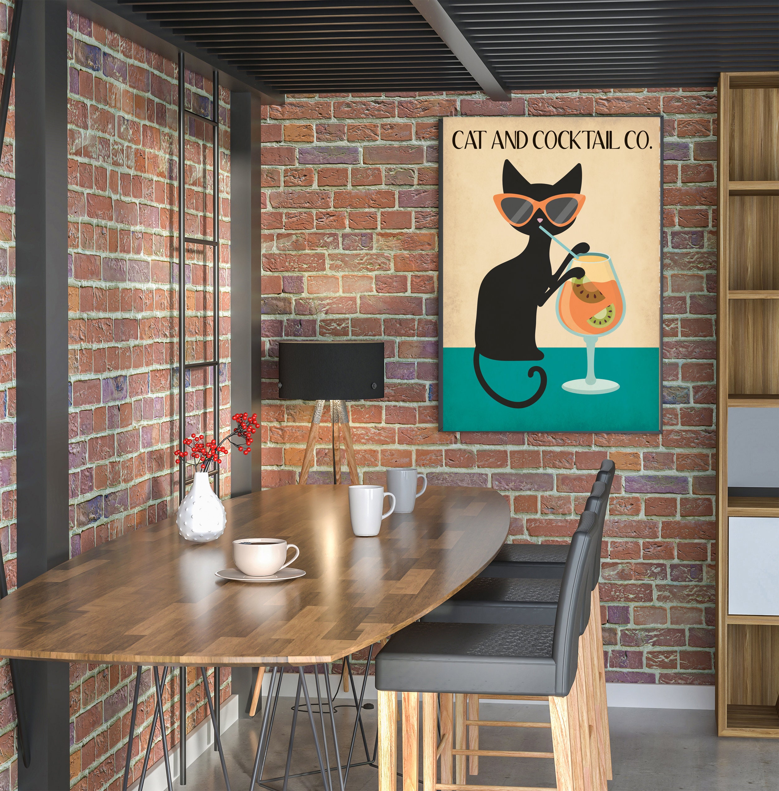 Mid Century Cocktail Print, Retro Black Cat Print, Cat Wall Art ...