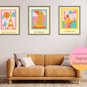 Póster de sellos de viaje para decoración de arte de pared/juego de 3 carteles de viaje de ciudades para arte de pared