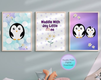 Cute Penguin Nursery Digital Print, Set of 3 Prints, Printable Penguin Print Set, Set of 3 Penguin Prints, Penguin Nursery Prints