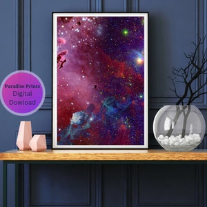 Hemelse symfonie | Sterrenhemel | Wereldwonderen | Levendige rode en betoverende blauwe tinten Celestial Space Art