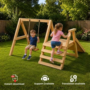 May include: A wooden outdoor play set featuring a swing suspended by ropes from a frame and an attached climbing ladder leading to a platform. The structure is constructed from light-colored wood and is positioned on a green lawn.