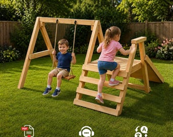 May include: A wooden outdoor play set featuring a swing suspended by ropes from a frame and an attached climbing ladder leading to a platform. The structure is constructed from light-colored wood and is positioned on a green lawn.