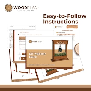 May include: A collection of woodworking plans from Woodplan, including a DIY Welcome Stand. The plans are beginner-friendly and feature step-by-step assembly instructions. The image includes a parts list, cutting list, and shopping list.