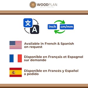 May include: Image features the Woodplan logo, along with icons for language translation and unit conversion between inches and cm/mm. Text indicates availability in French and Spanish upon request, with corresponding flags.