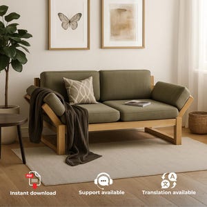 Può includere: Un divano a due posti con cuscini verde oliva e una struttura in legno chiaro. Una coperta marrone scuro è drappeggiata sul bracciolo sinistro e un cuscino quadrato con un motivo geometrico bianco poggia sulla seduta. Il testo recita: Instant download, Support available, Translation available.
