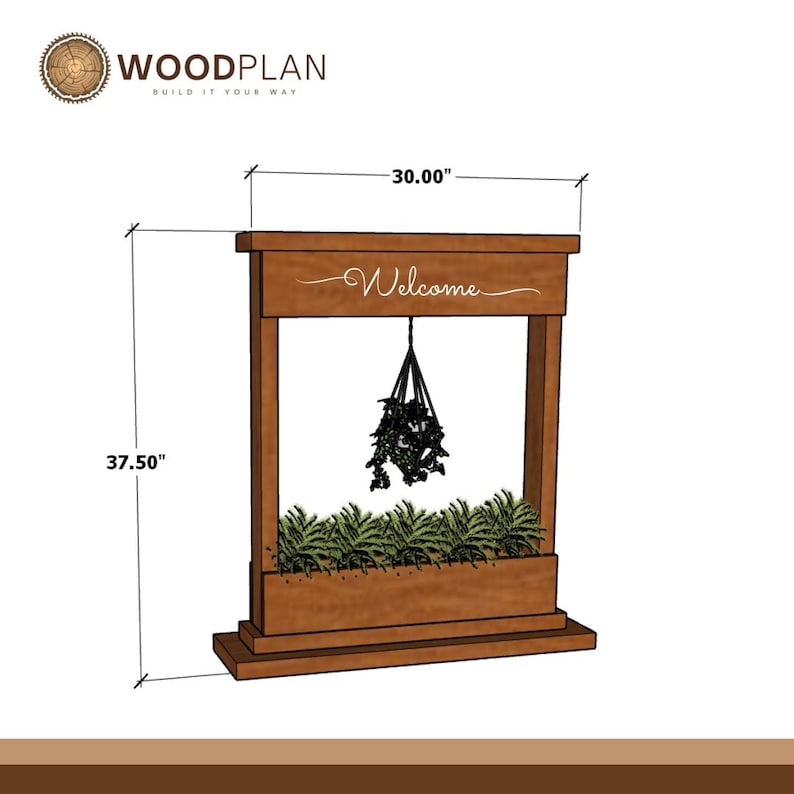 May include: A wooden planter with a rectangular design, measuring 30 inches wide and 37.5 inches tall. The word "Welcome" is scripted across the top. The planter includes a hanging plant and a row of green plants at the base.