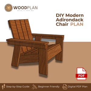 Op de afbeelding: Een digitaal document getiteld DIY Modern Adirondack Chair PLAN met een illustratie van een bruine houten stoel. De afbeelding bevat de tekst WOODPLAN, Step-by-Step Guide, Beginner Friendly en Digital PDF Plan met een rood PDF-pictogram.