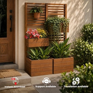 May include: A tall wooden vertical garden planter featuring a slatted trellis back, one small hanging pot, one medium rectangular planter box, and two large square base planter boxes, all filled with various green plants and colorful flowers.