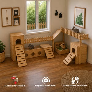 Può includere: Un centro attività per conigli in legno a più livelli con torri modulari, ingressi ad arco, rampe a doghe e un ponte recintato. La struttura include varie piattaforme e tunnel realizzati in legno chiaro con una finitura naturale.