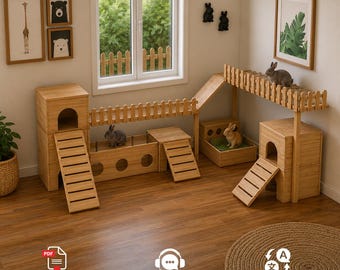 Puede incluir: Un centro de actividades modular para conejos hecho de madera clara, con múltiples niveles, entradas arqueadas, rampas con listones y un puente con valla. La estructura incluye una plataforma elevada, un túnel con aberturas circulares.