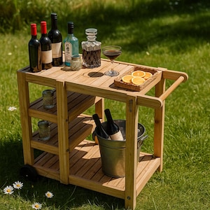 Op de afbeelding: Een houten barwagen met meerdere planken en een handvat. De bovenste plank bevat flessen wijn, sterke drank, een karaf, een wijnglas en een mandje met sinaasappelschijfjes. Een metalen emmer met wijnflessen staat op de onderste plank.