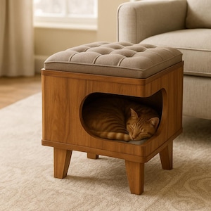 May include: A wooden cat bed and ottoman combination. The square ottoman has a tufted, light brown cushion on top. The wooden base features a cat-shaped opening, revealing a sleeping orange tabby cat. The piece has four angled legs.