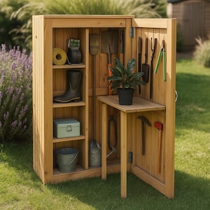 May include: A wooden garden storage cabinet with an open door, revealing shelves and hanging tools. Inside are a pair of boots, a small box, a bucket, and a potted plant. The door holds various gardening tools, including a trowel and shears.