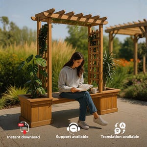 May include: A light brown wooden garden bench featuring an integrated overhead pergola structure and two large square planters on either side. The bench is constructed with vertical slats and a lattice panel, holding a green plant in each planter.