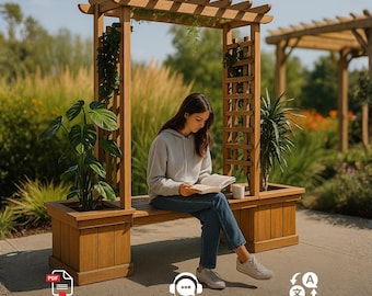 May include: A light brown wooden garden bench featuring an integrated overhead pergola structure and two large square planters on either side. The bench is constructed with vertical slats and a lattice panel, holding a green plant in each planter.