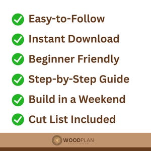 May include: A white background with green checkmarks and text. The text includes "Easy-to-Follow", "Instant Download", "Beginner Friendly", "Step-by-Step Guide", "Build in a Weekend", and "Cut List Included". The Woodplan logo is at the bottom.