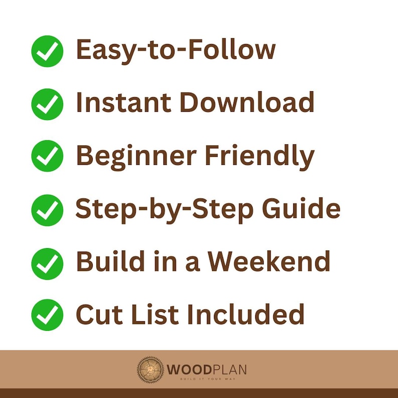 May include: A white background with green checkmarks and text. The text includes "Easy-to-Follow", "Instant Download", "Beginner Friendly", "Step-by-Step Guide", "Build in a Weekend", and "Cut List Included". The Woodplan logo is at the bottom.