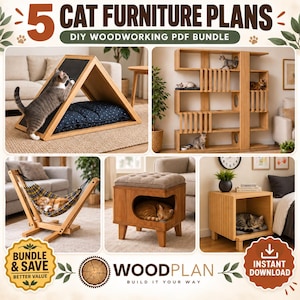 May include: A digital bundle of 5 cat furniture woodworking plans titled 5 CAT FURNITURE PLANS DIY WOODWORKING PDF BUNDLE. The images show a triangular cat house, a multi-level shelf, a hammock, a cushioned stool, and a side table.