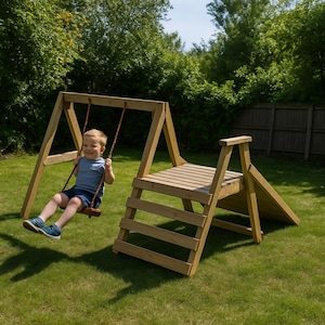 May include: A wooden playset with a swing and a climbing structure. The swing has a wooden seat and rope supports. The climbing structure has a ladder, a platform, and a slide. The playset is made of light brown wood and is set on a green lawn.