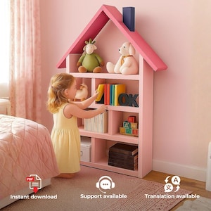 May include: A pink house-shaped wooden bookshelf with a dark blue chimney, featuring multiple storage compartments filled with books, plush toys, and wooden blocks. The shelves are organized with colorful books and decorative items.