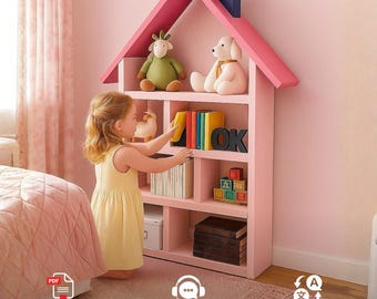 May include: A pink house-shaped wooden bookshelf with multiple compartments, featuring a dark blue chimney. The shelves contain various books, a green plush toy, a white plush dog, wooden blocks, and the black letters O and K.