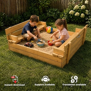 May include: A wooden sandbox with built-in bench seating, featuring a square frame constructed from horizontal planks. The sandbox is filled with sand and contains a colorful beach ball, a blue bucket with a shovel, and a red toy truck.