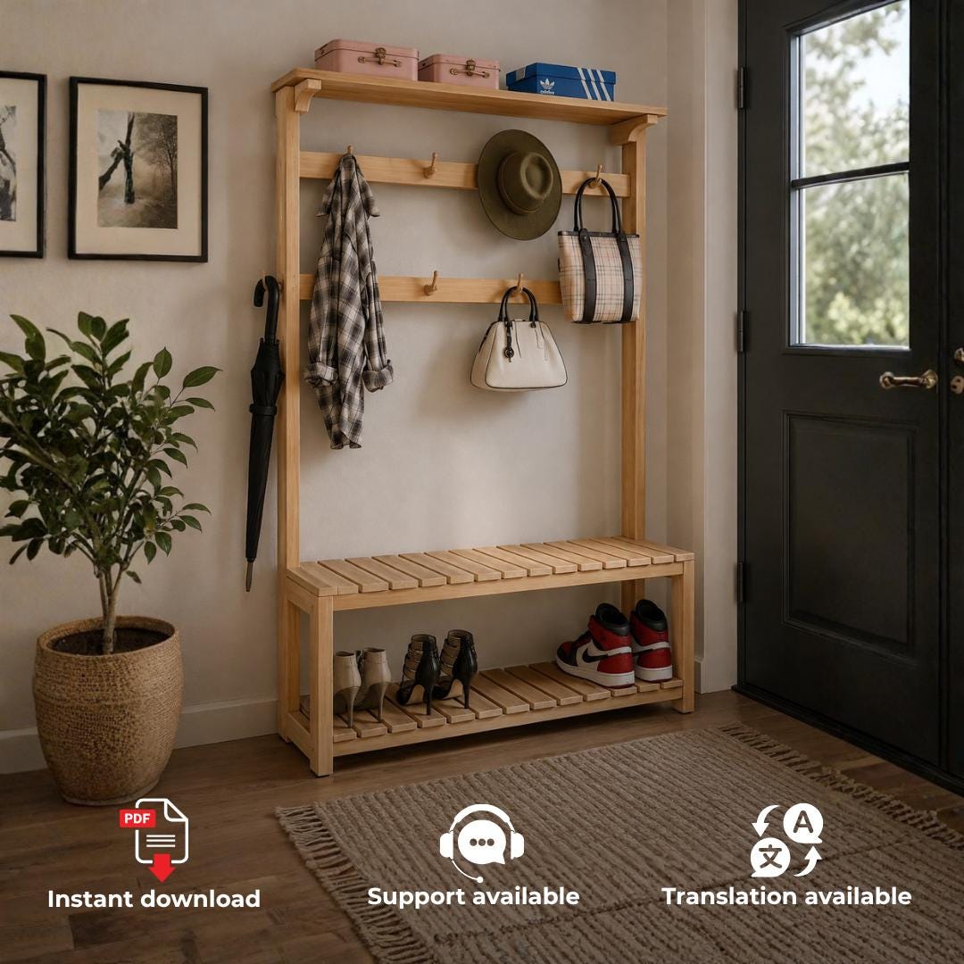 DIY Hall Tree Woodworking Plan: Entryway Organizer With Bench (PDF