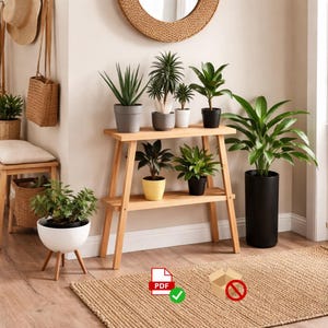 May include: A two-tiered wooden plant stand holds several potted plants. The pots are in shades of grey, black, and yellow. A large green plant is in a tall black pot. A woven rug and a round mirror are also visible.