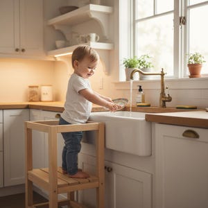 May include: A light-colored wooden kitchen step stool with a child standing on it, washing a plate at a white sink. The kitchen has white cabinets, a brass faucet, and a window with plants.